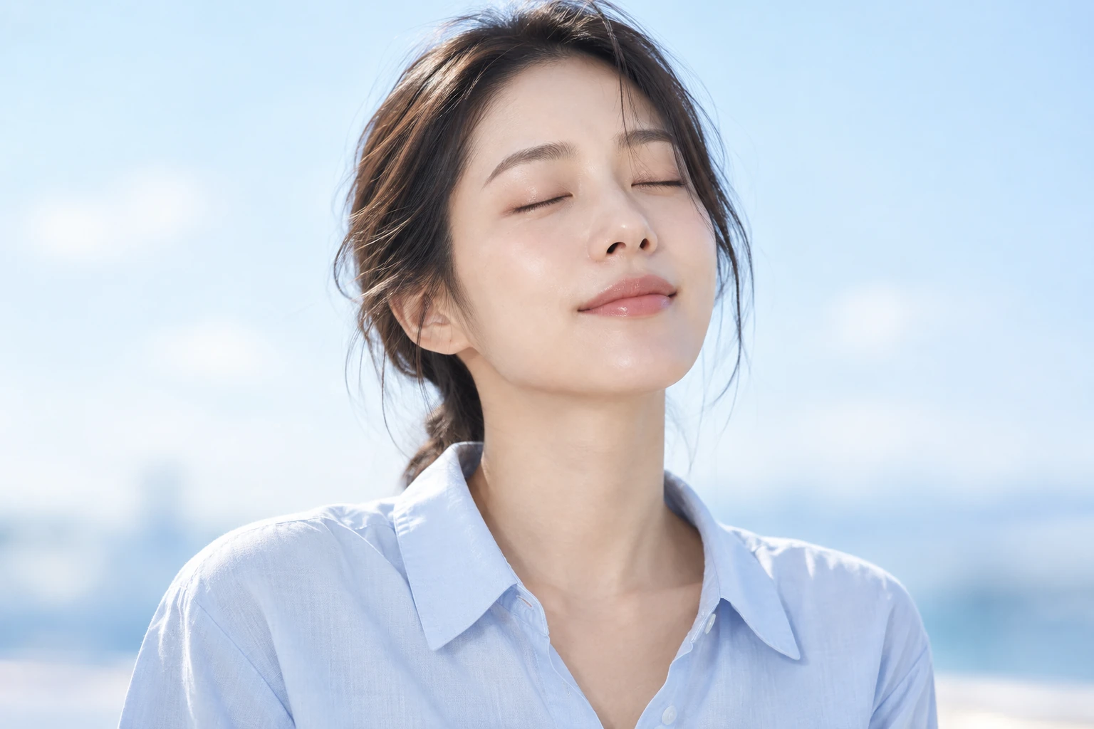 옅은 블루 배경에서 편안하게 눈을 감은 성인 모델 연출 이미지