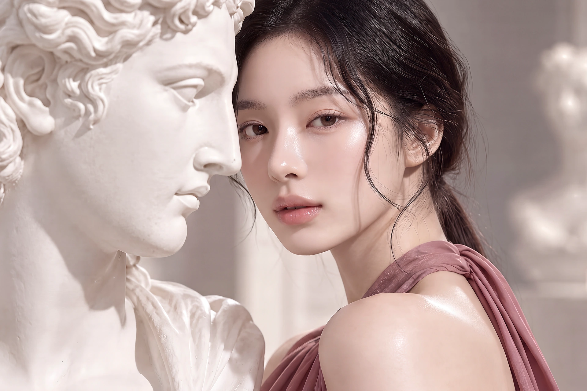 흰 조각상 옆의 뷰티 모델 이미지