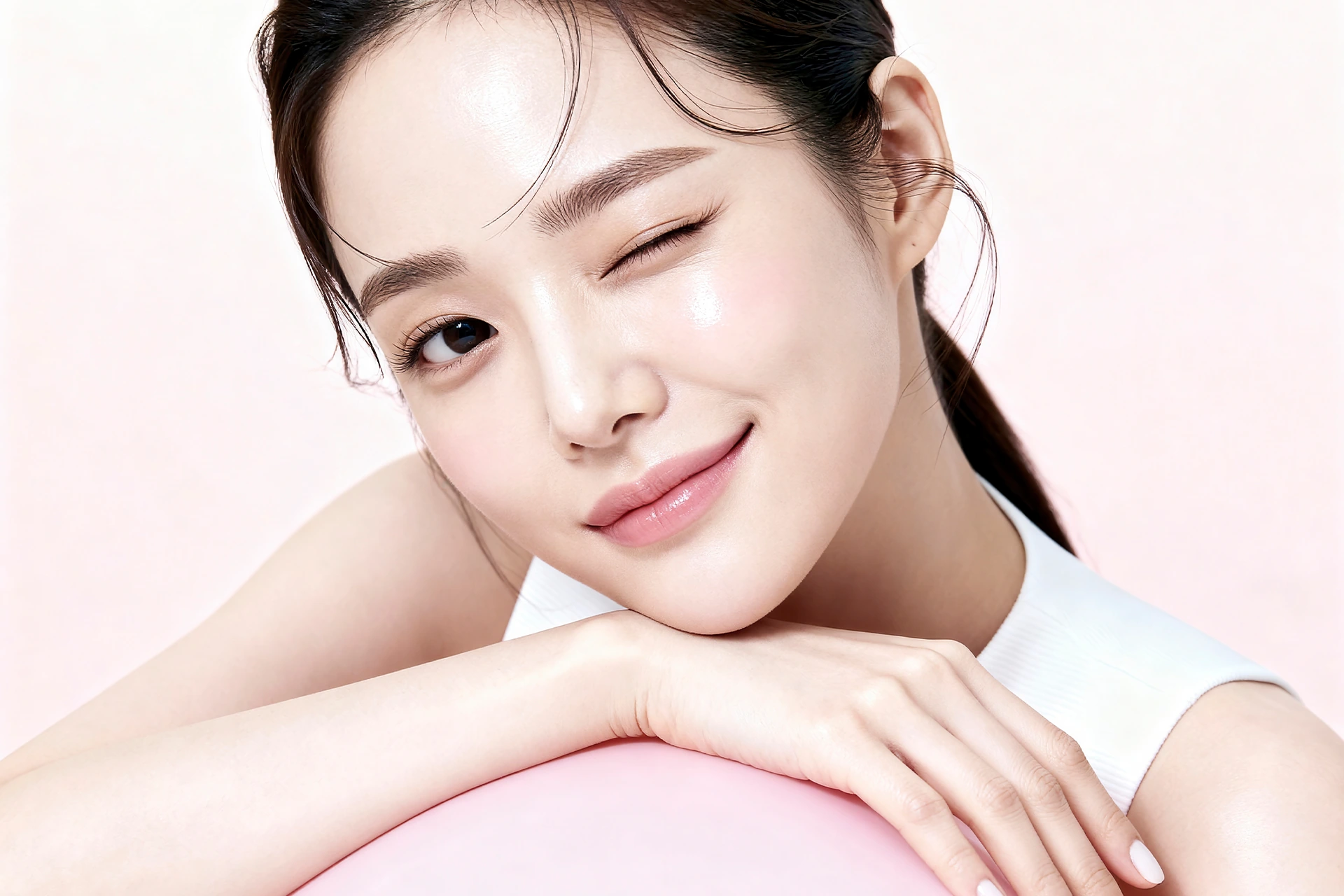 밝은 배경에서 미소 짓는 뷰티 모델 이미지